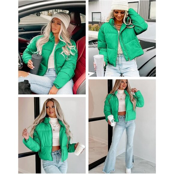 Women’s Jacket Puffer Quilted Jackets Long Sleeve Stand Collar Zipper Coat Green - Picture 5 of 6
